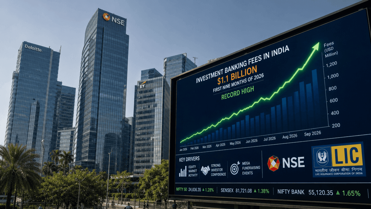 A digital financial chart showing an upward trend line against a backdrop of a modern Indian financial district skyline.