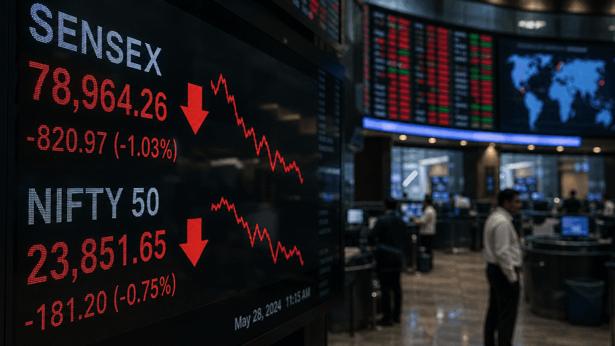 A financial display board showing red downward arrows and falling numerical values for Indian stock market indices.