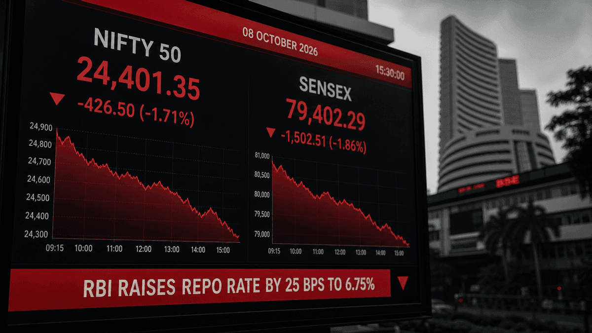 A close-up of a financial monitor displaying red downward-trending stock market charts and index numbers.