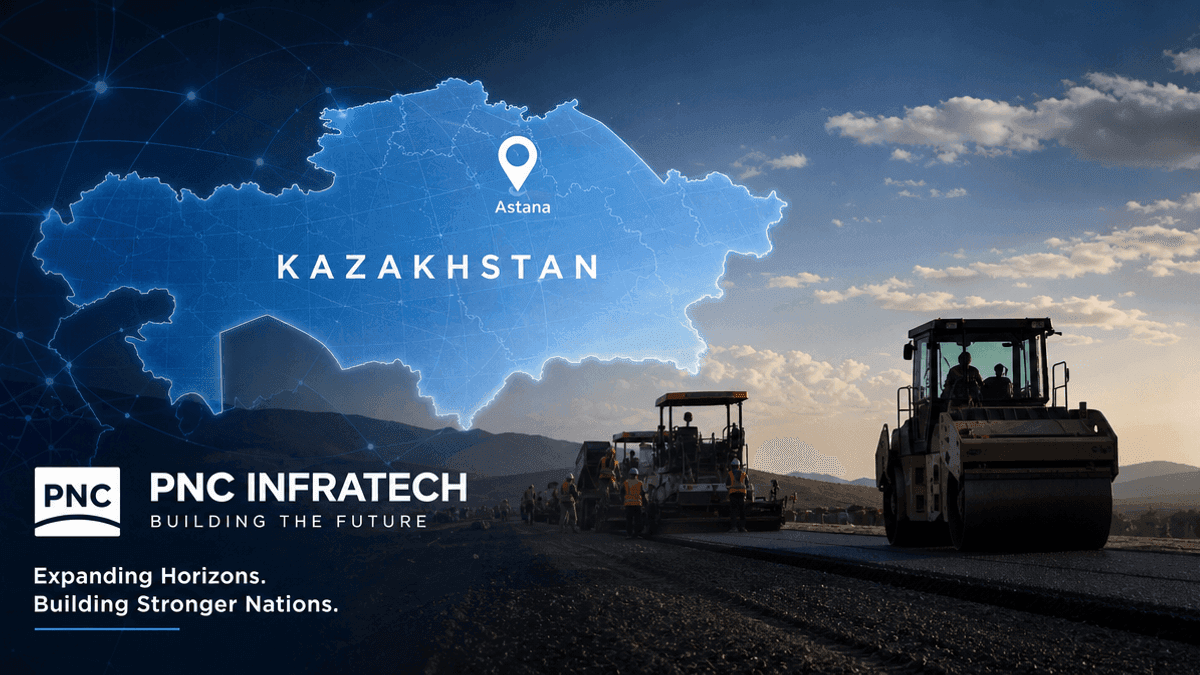 A digital map of Kazakhstan with a highlighted marker, overlaid with a silhouette of highway construction equipment.