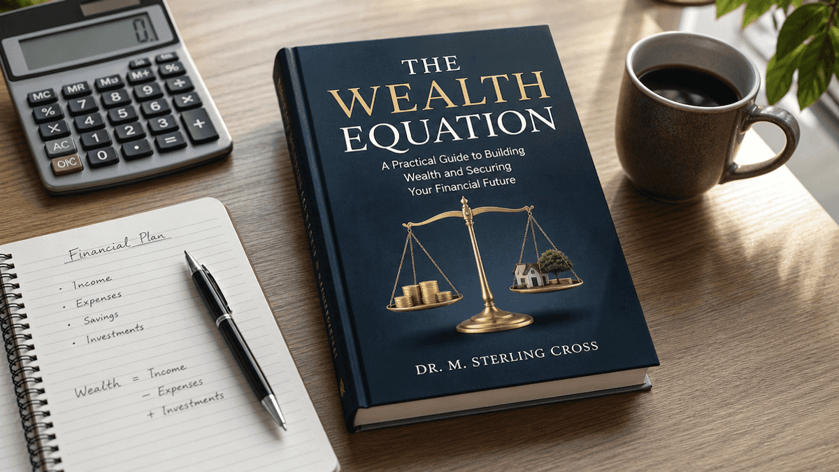 A copy of The Wealth Equation book by Dr. M. Sterling Cross resting on a desk next to a calculator and a notebook.
