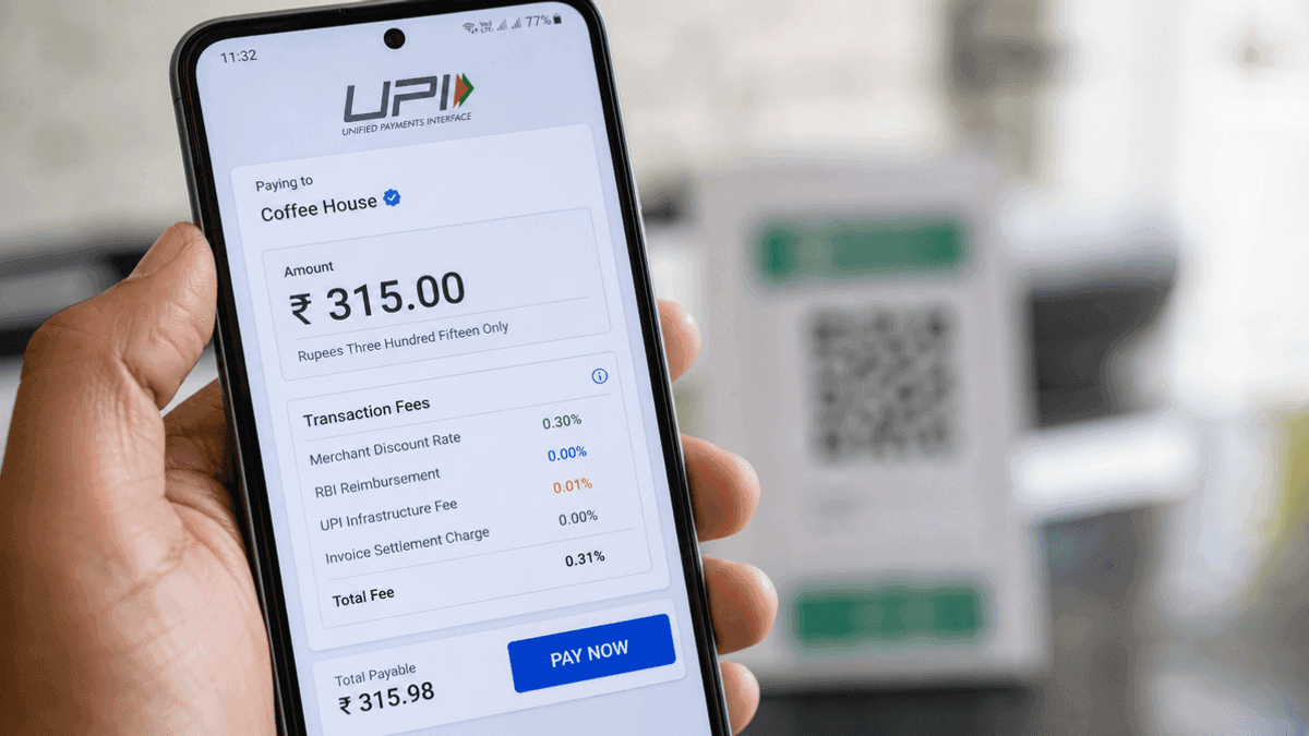 A close-up of a smartphone screen showing a UPI payment app interface with digital icons representing transaction fees.