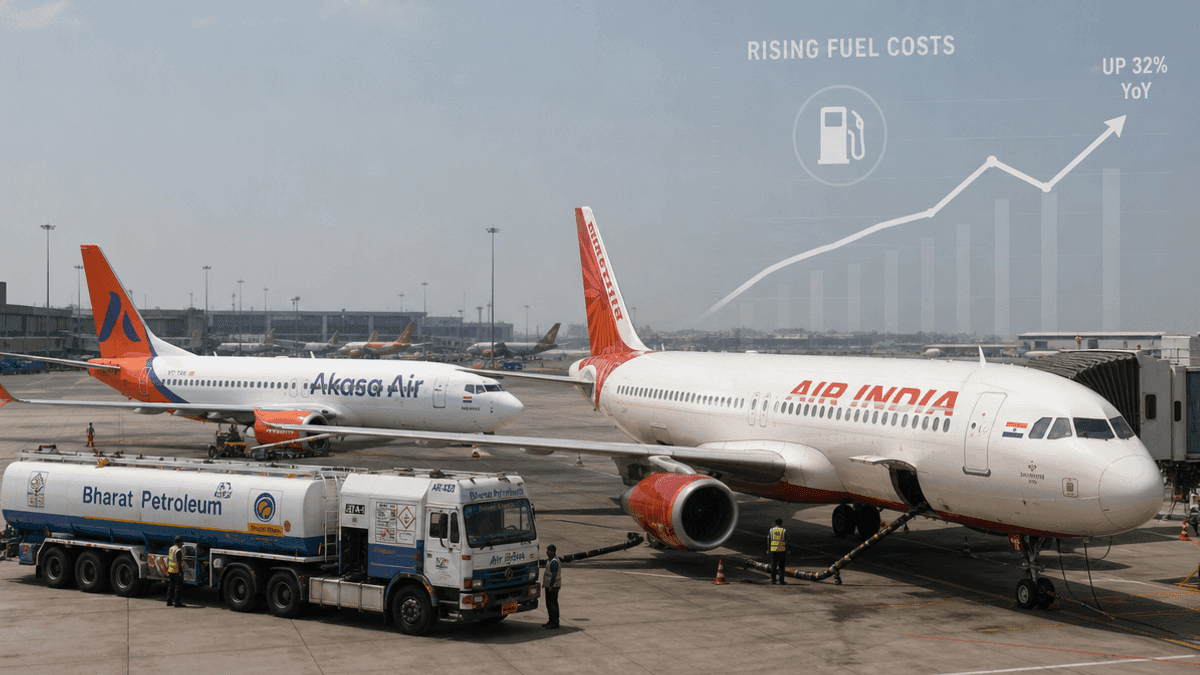 An Air India and an Akasa Air plane parked at an airport gate with fuel trucks nearby.