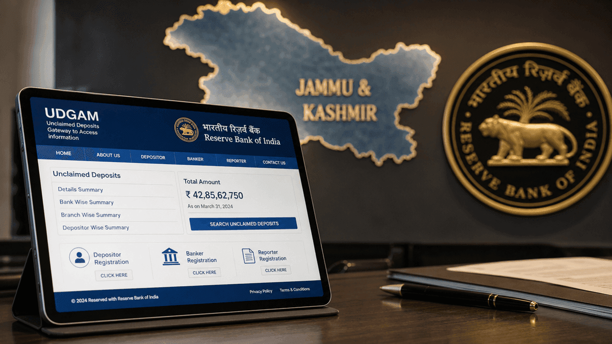 A digital tablet displaying a financial portal interface with a map of Jammu and Kashmir in the background.