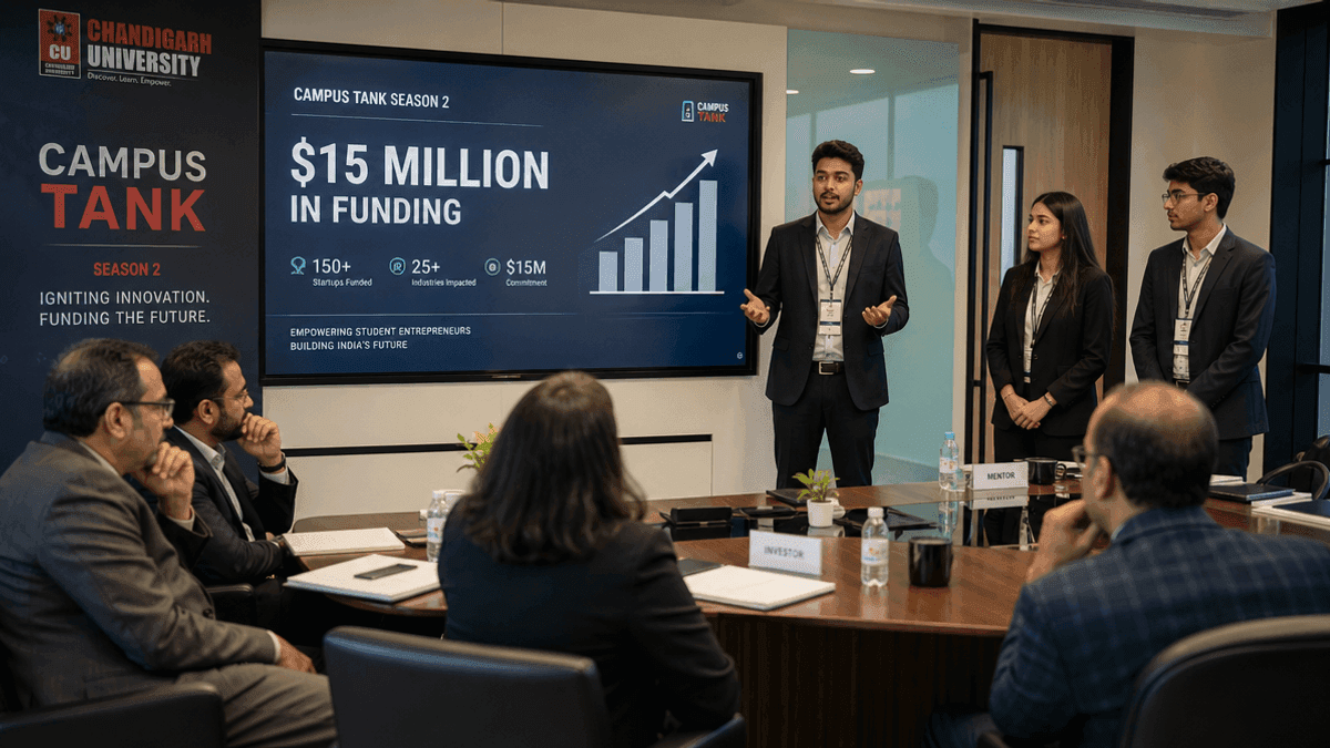 Students pitch startup ideas to investors in a boardroom setting with a screen displaying funding metrics.