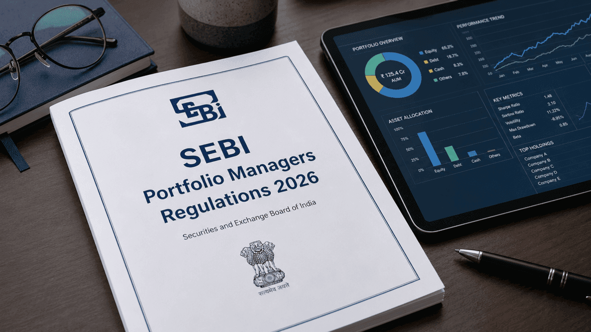A document titled SEBI Portfolio Managers Regulations 2026 lies on a desk next to a tablet displaying data.