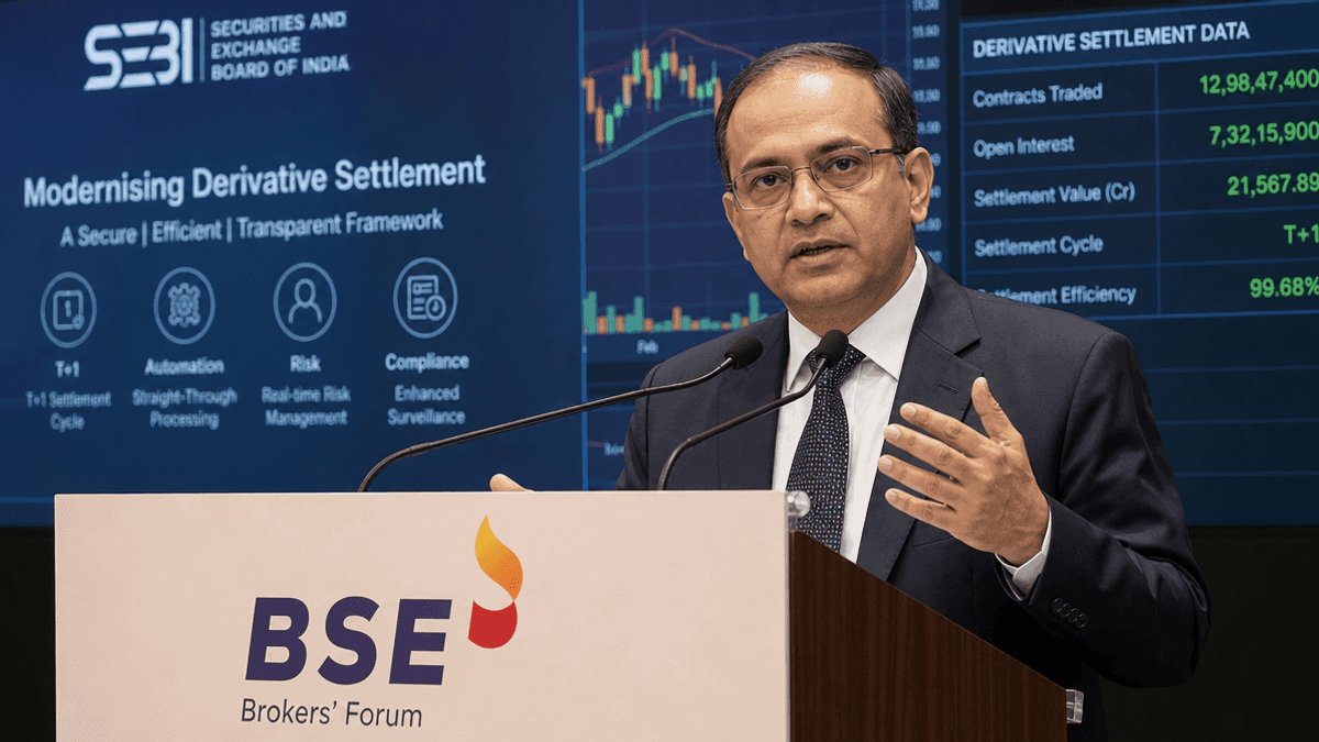 SEBI Chairman Tuhin Kanta Pandey stands at a podium addressing an audience at an event.