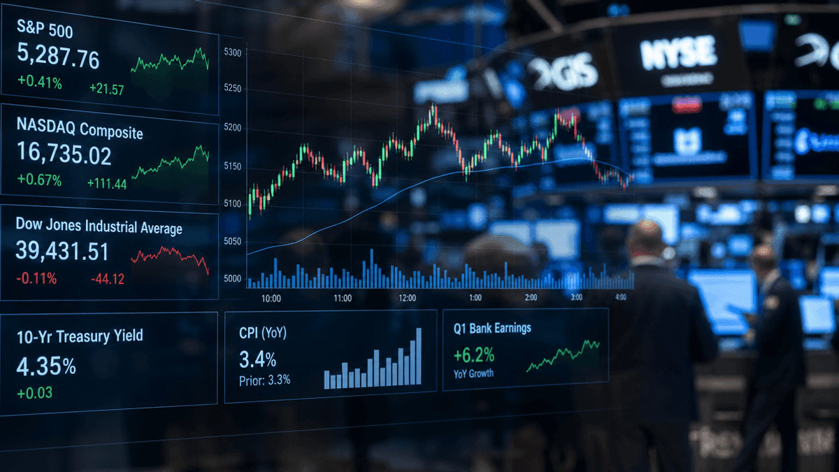 A digital financial dashboard with stock market charts and data points superimposed over a blurred trading floor background.