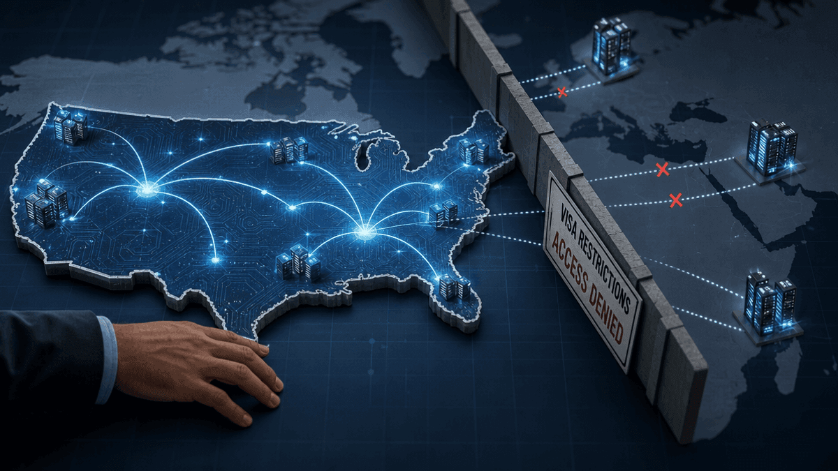 A stylized map of the United States with lines connecting to other countries being blocked at the national border.