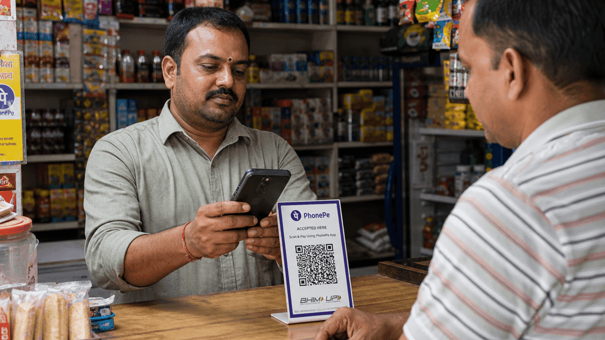 A shopkeeper holds a smartphone to scan a QR code at a retail counter in India, with shelves of goods visible in the background.