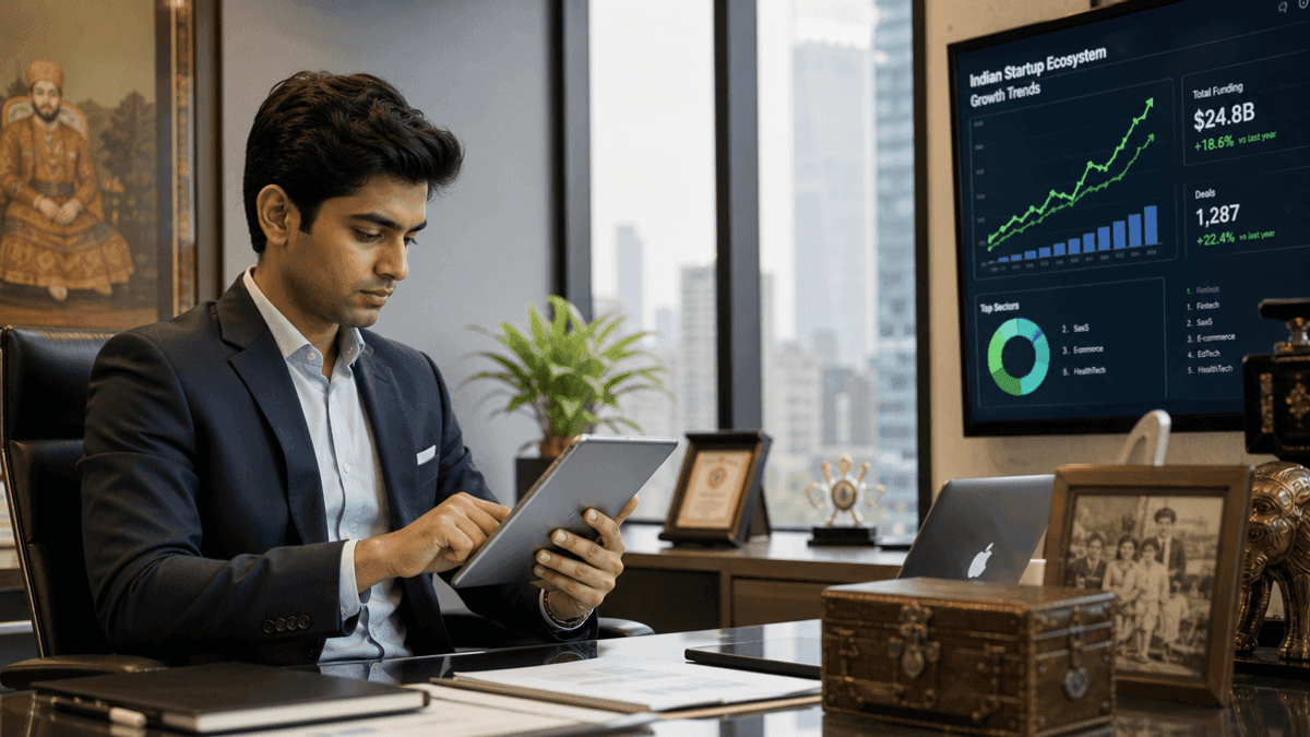 A young Indian professional in a suit looks at a tablet displaying financial charts and startup growth graphs in an office.