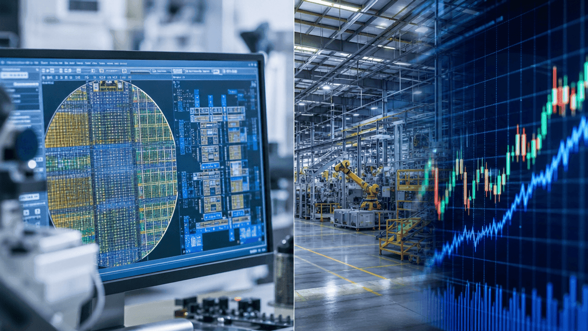 A split image showing a semiconductor chip design on a screen next to a manufacturing facility and stock market graph.