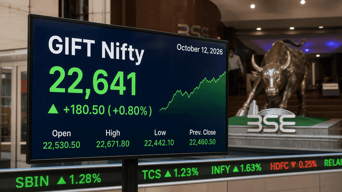 A digital stock market ticker board showing the GIFT Nifty index at 22,641 with a green upward trend indicator.