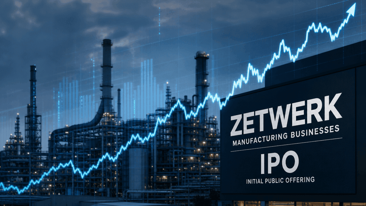 A digital graphic showing a manufacturing plant silhouette overlaid with a stock market line graph trending upwards.