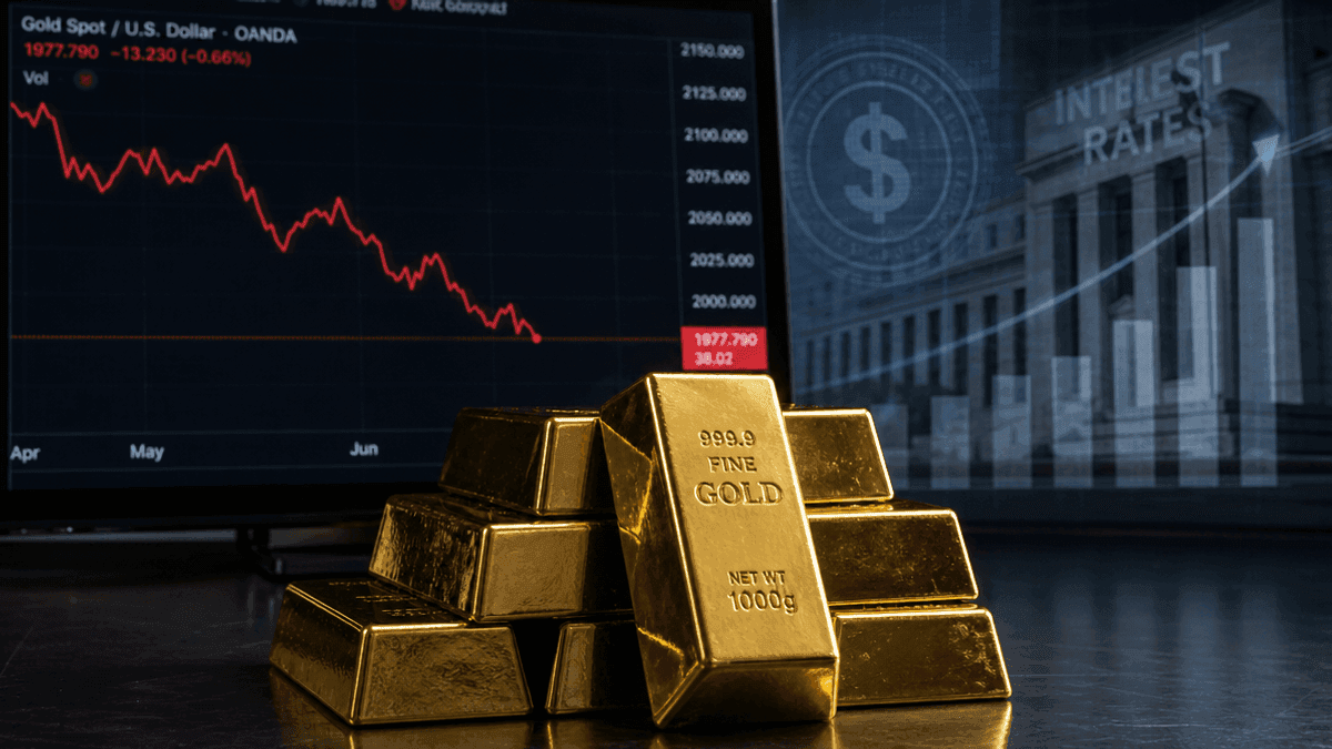 A stack of gold bars rests on a surface beside a digital display screen showing a declining line graph of market prices.