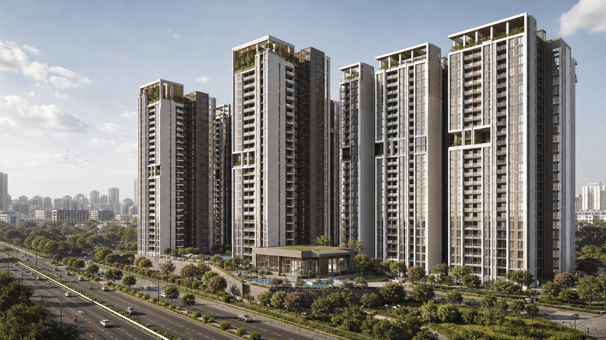 A digital rendering of a modern residential apartment complex with multiple towers and surrounding green landscaping.
