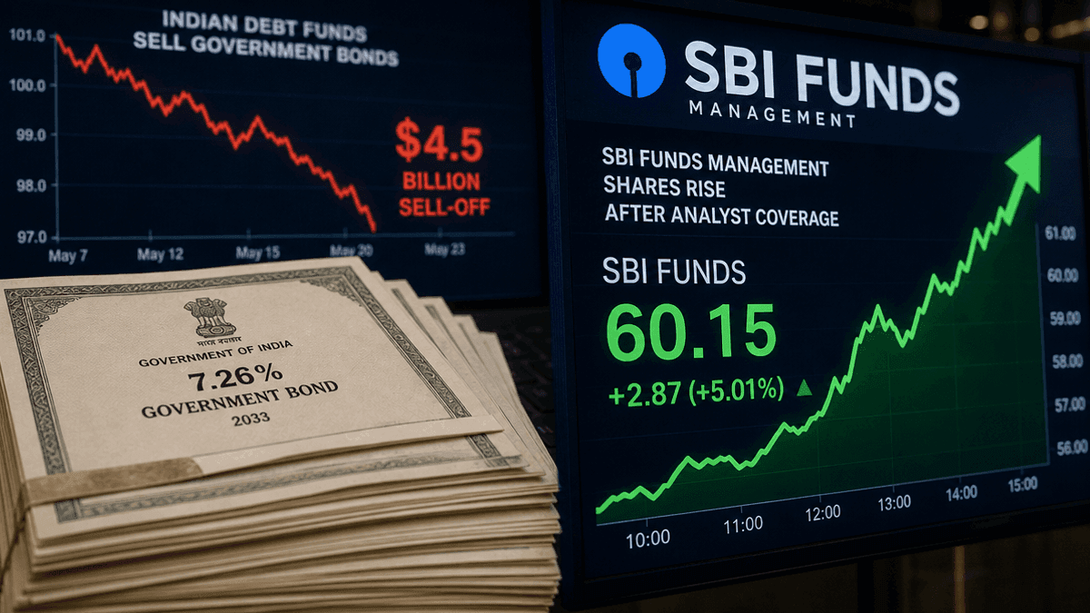 A split-screen financial graphic showing a downward bond trend line and an upward stock chart for SBI Funds Management.