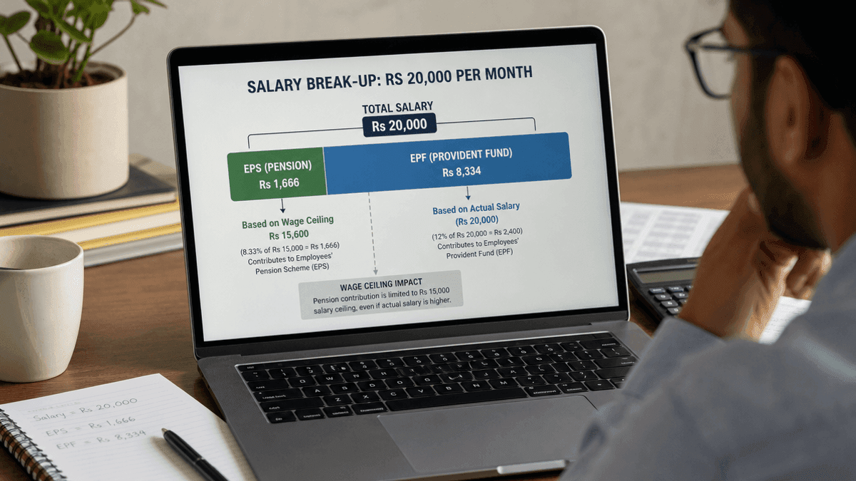 An infographic showing a Rs 20,000 salary split into an EPS contribution of Rs 1,666 and an EPF contribution.