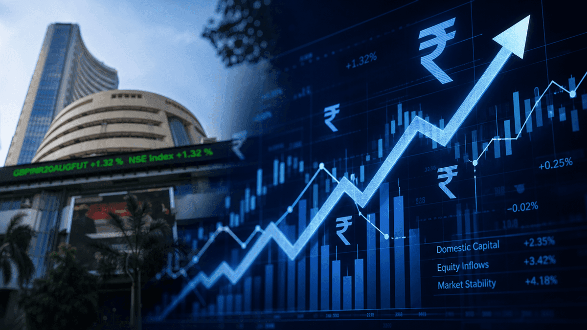 A digital graphic showing a rising stock market graph with Indian rupee symbols, representing domestic equity investment.