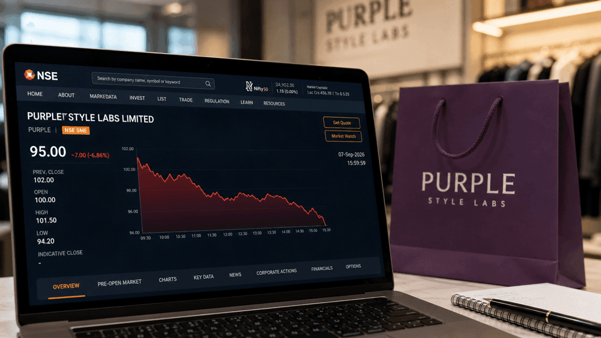 A digital financial chart showing a downward trend next to a shopping bag on a desk.