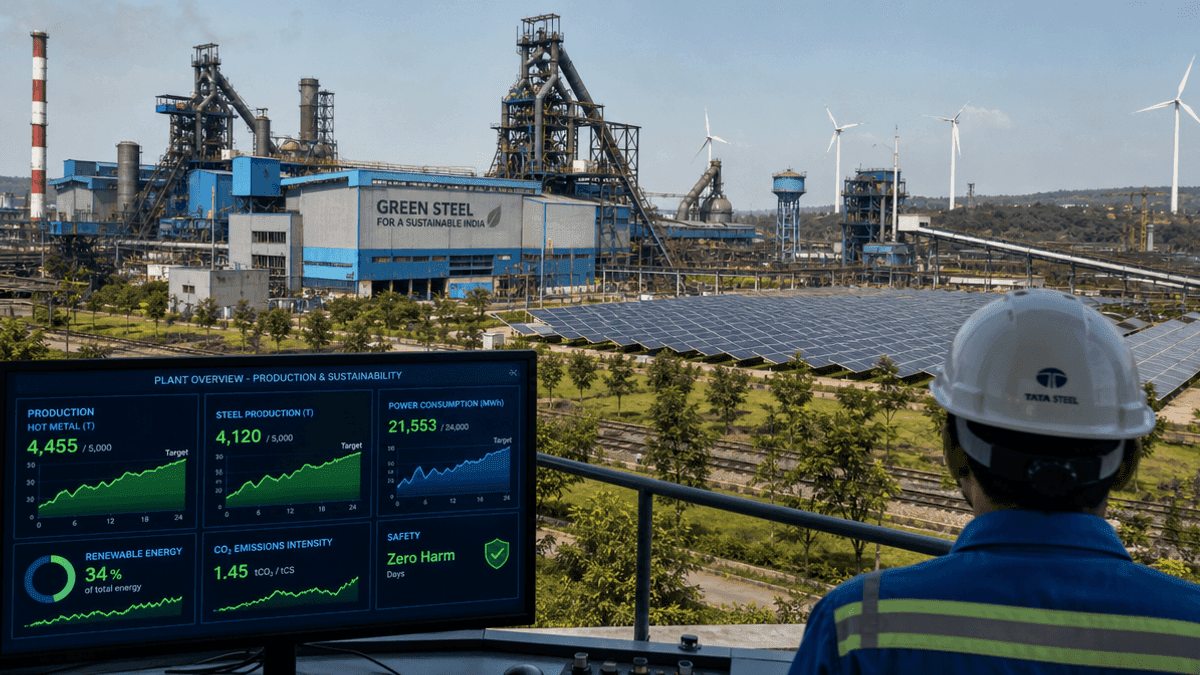 A steel plant with industrial machinery, solar panels, and screens displaying production data.