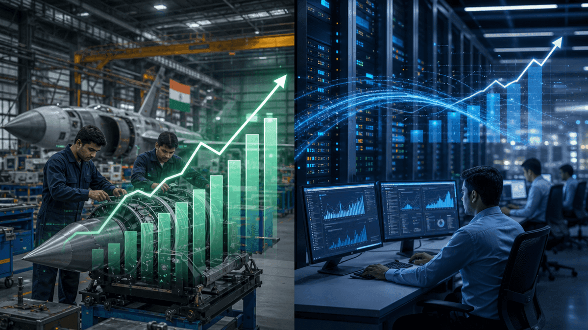 A split image showing industrial manufacturing equipment on the left and a modern digital server room on the right.