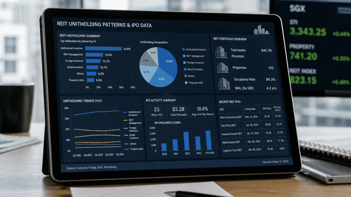 A digital screen showing bar charts and pie graphs of REIT unitholding data and stock market IPO information.