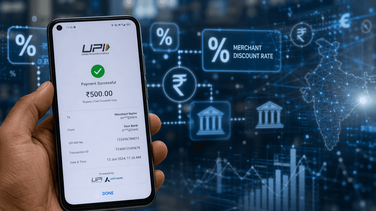 A close-up of a smartphone screen showing a UPI payment interface, overlaid with digital currency and percentage symbols.