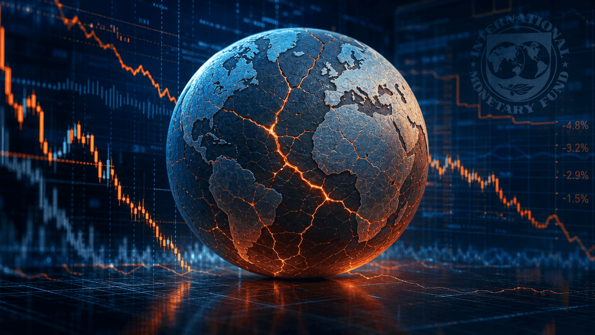 A stylized globe with surface cracks sits against a background of downward-trending financial graphs in blue and orange.