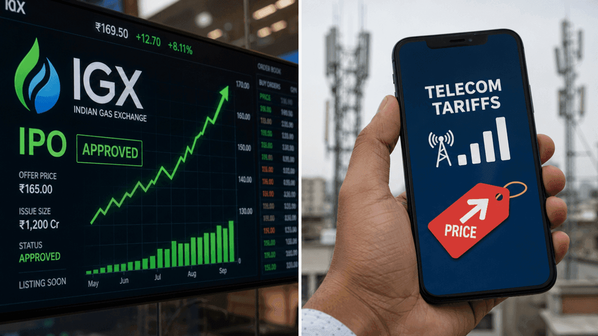 A split graphic showing a stock market IPO chart for IGX on the left and a smartphone with rising price icons on the right.