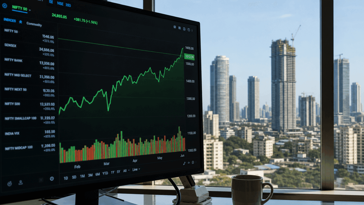 A screen showing charts with a view of a skyline in the background.