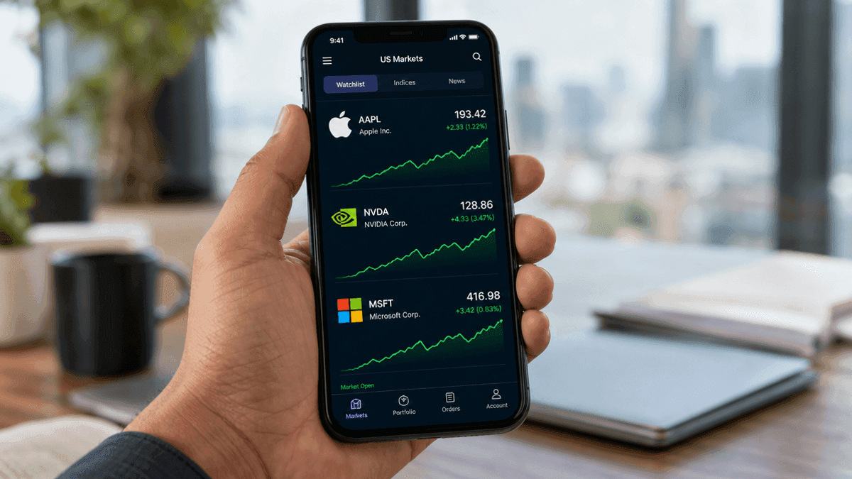 A hand holds a smartphone displaying a stock trading app with Apple, Nvidia, and Microsoft logos and price charts.