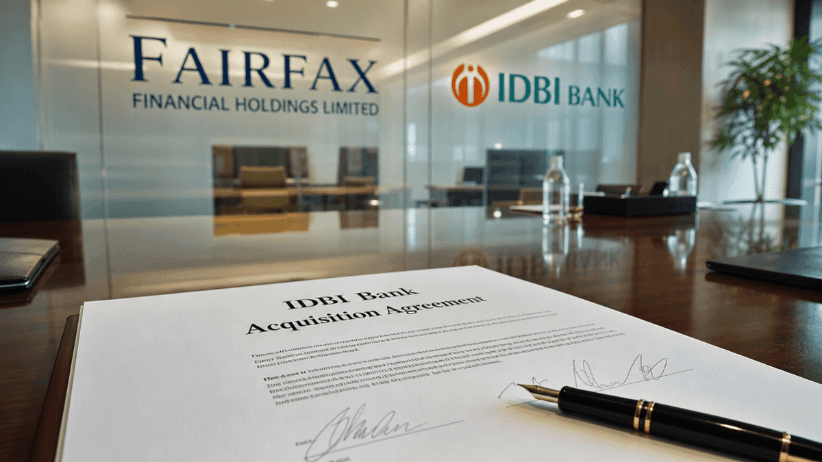 A document titled IDBI Bank Acquisition Agreement sits on a table with corporate logos of Fairfax and IDBI in the background.