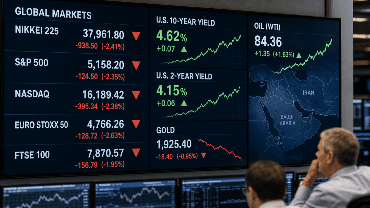 Global Stocks Fall, Gold Dips as Yields Rise Amid Geopolitical Fears
