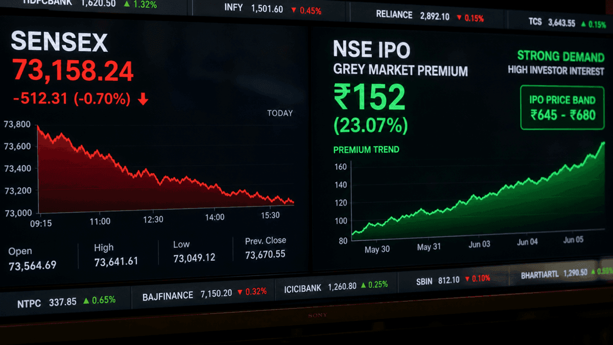 Sensex Dips 100 Points; NSE IPO Grey Market Premium at Rs 198