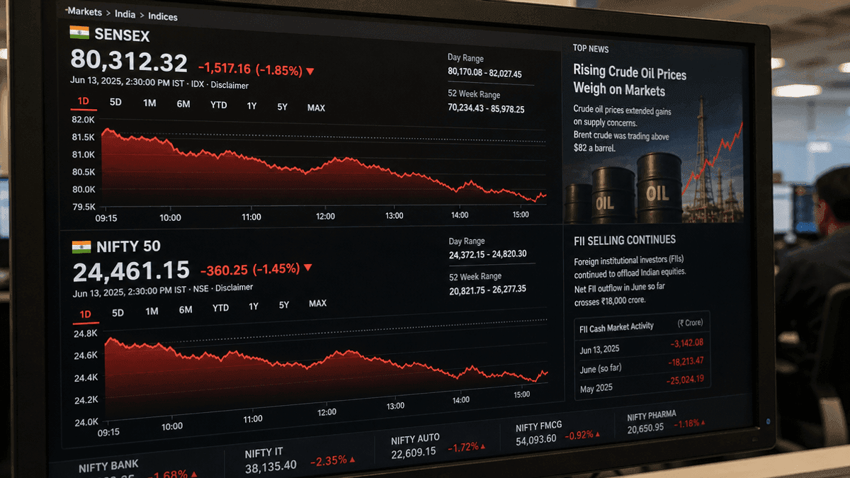 Sensex, Nifty Slip as Crude Oil Surges and FIIs Exit