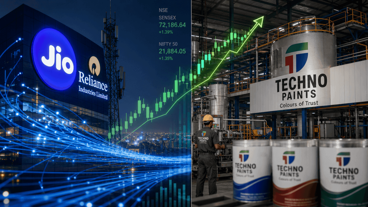 A split-screen graphic showing a digital network on the left and an industrial paint factory on the right with a stock graph.