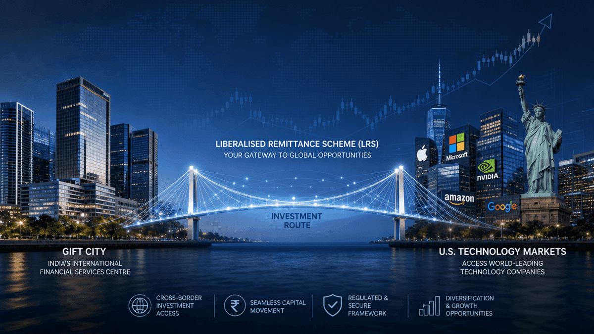 A digital graphic showing a bridge connecting a stylized Indian financial district to US technology stock market symbols.