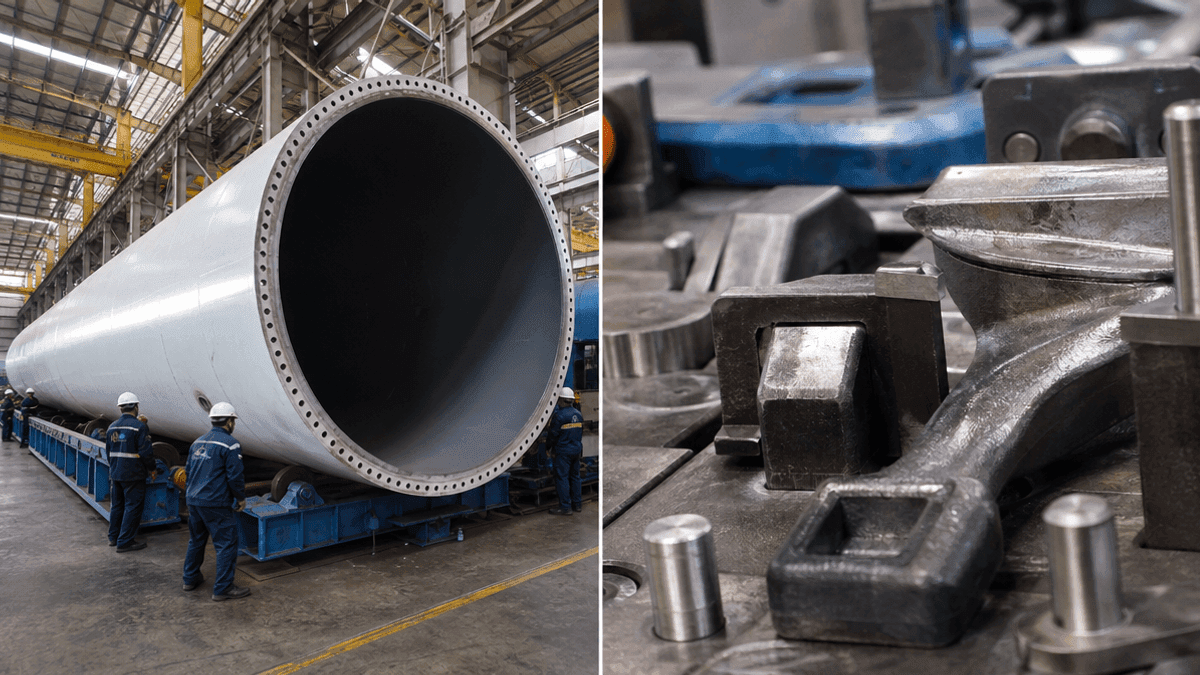 A split image showing a large windmill tower section in a factory and a close-up of metal forging tools on a workbench.