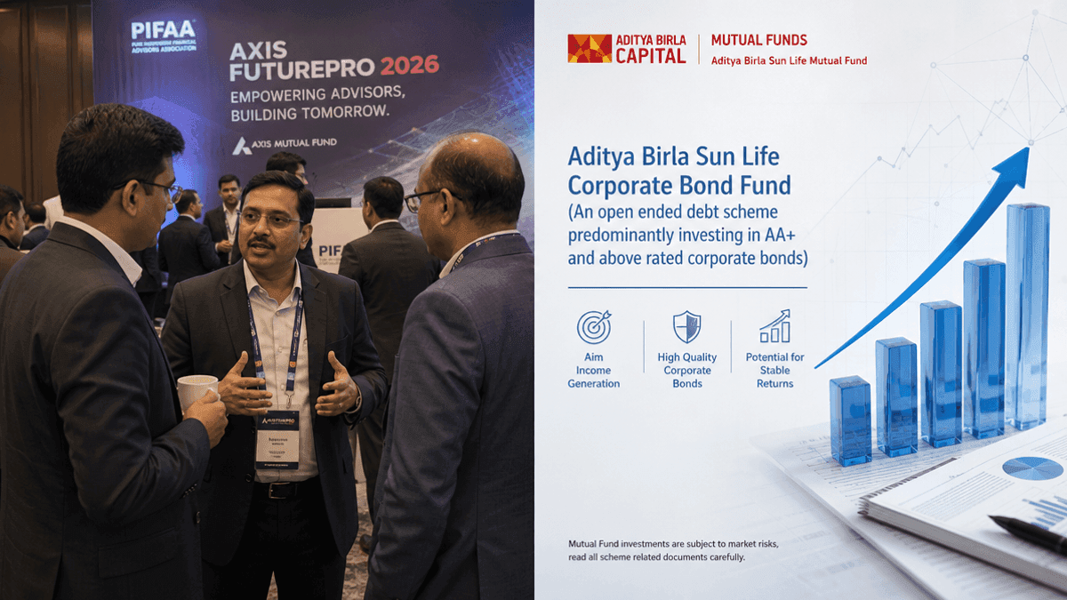 A split image showing financial professionals at a conference and a graphic representing a mutual fund investment scheme.