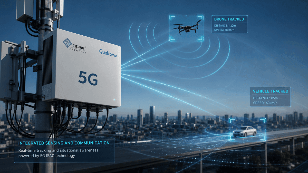 A 5G base station unit with digital overlays showing radar-like sensing waves tracking a drone and a vehicle.
