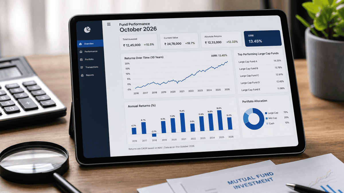A tablet screen showing financial charts and line graphs representing mutual fund returns on a wooden desk.