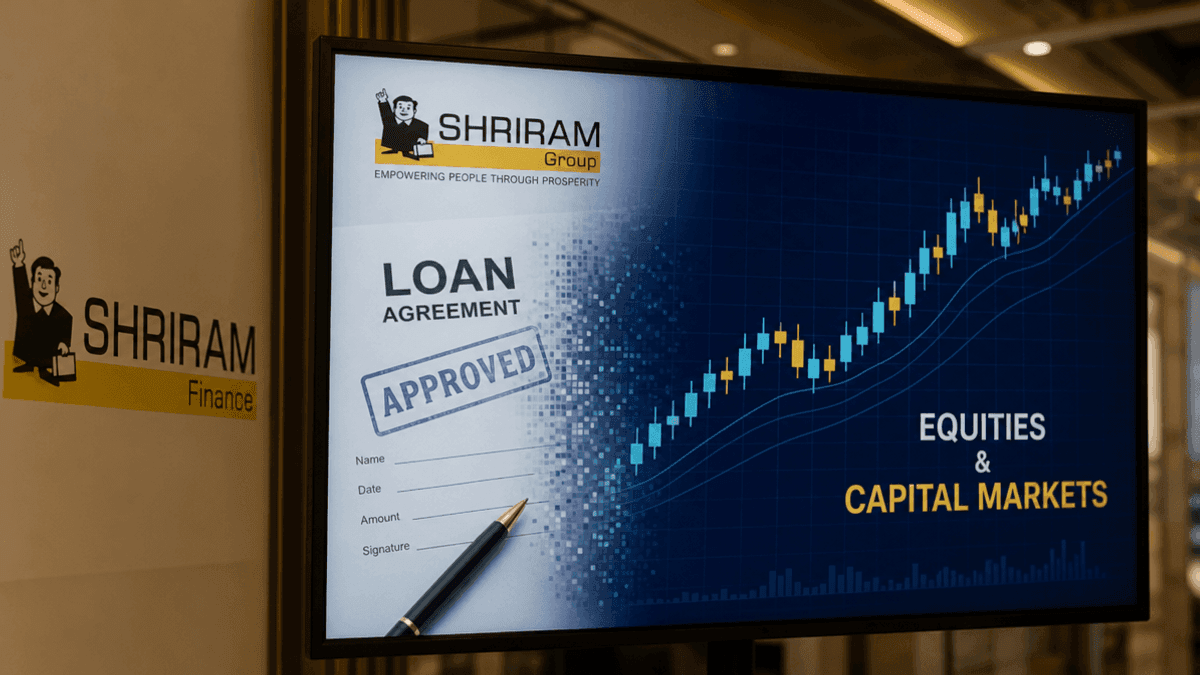 A digital graphic showing a loan document merging into a rising stock market candlestick chart on a screen.