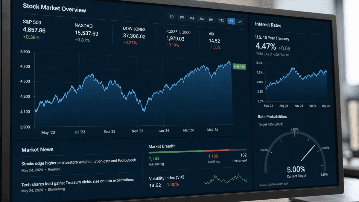 A close-up of a computer monitor showing a stock market line graph with upward and downward trends and data points.