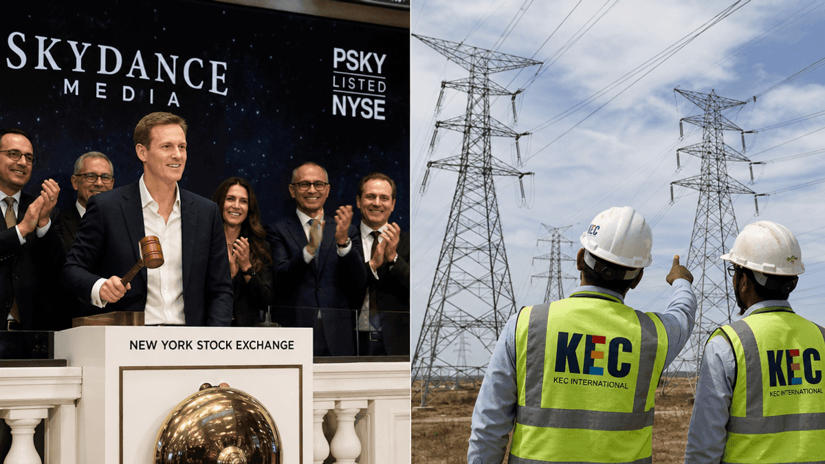 A split image showing David Ellison ringing the NYSE bell on the left and high-voltage transmission towers on the right.