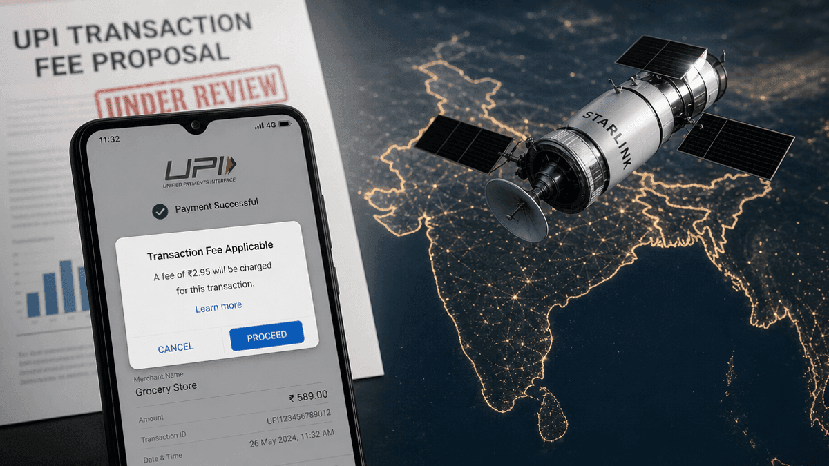 A digital graphic showing a smartphone UPI payment screen next to a satellite hovering over an outline of India.