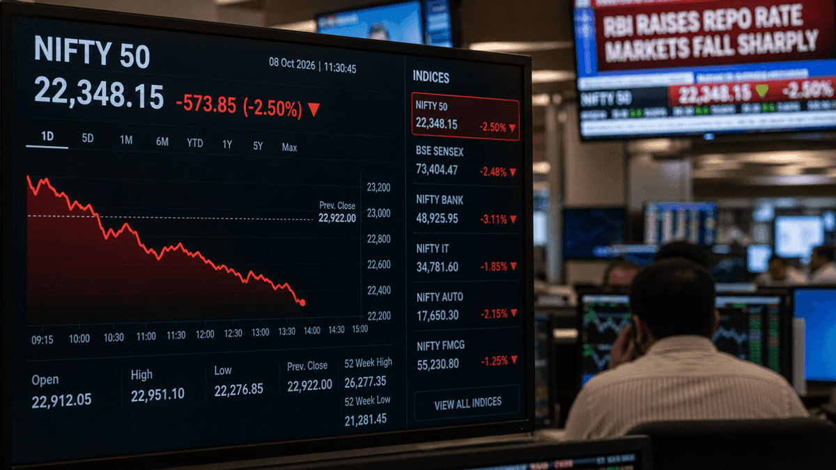 A digital trading screen shows a red line graph trending down, representing the Nifty 50 index decline.
