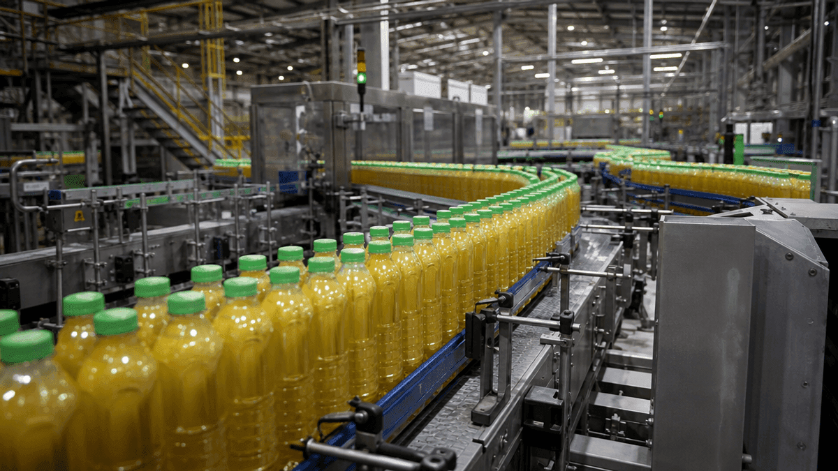 A view of a beverage bottling production line with rows of plastic bottles moving along a conveyor belt in a factory.