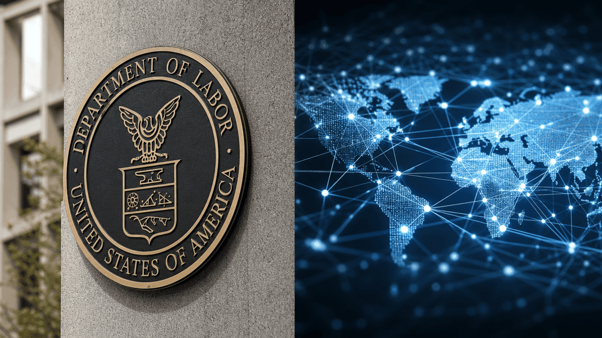 A split-screen image showing the US Department of Labor seal on the left and a glowing digital network of nodes on the right.