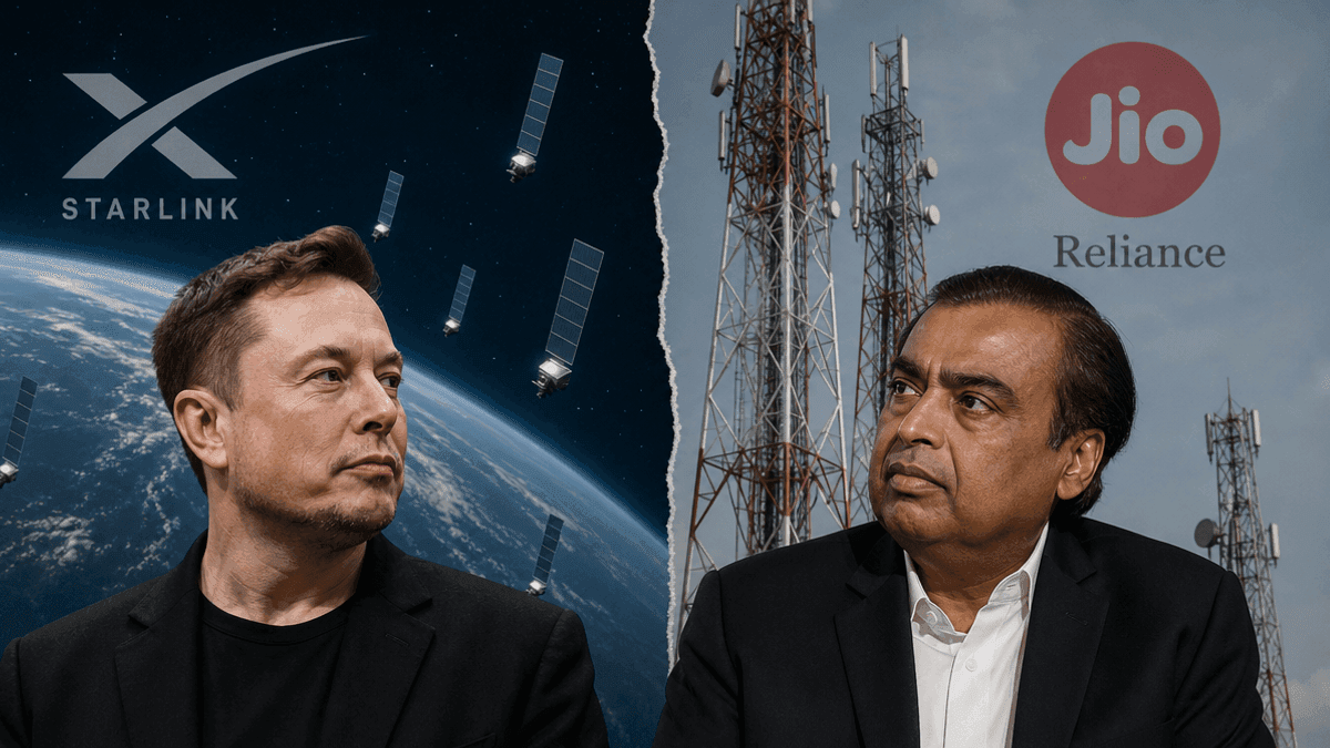 A split-screen image showing a Starlink satellite in orbit on the left and a Reliance Jio cellular tower on the right.